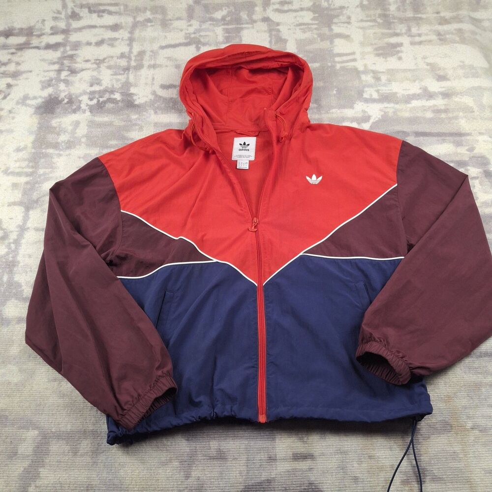 Adidas Windbreaker Mens M Red Blue Colorblock Trefoil Hooded Jacket IM4418